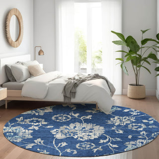 Piper Looms Mayfield Floral AMF856 Navy Machine Washable Area Rug Round Lifestyle Image Feature