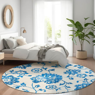 Piper Looms Mayfield Floral AMF856 White Machine Washable Area Rug Round Lifestyle Image Feature