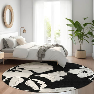 Piper Looms Mayfield Floral AMF857 Black Machine Washable Area Rug Round Lifestyle Image Feature