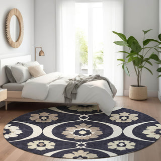 Piper Looms Mayfield Medallions AMF858 Black Machine Washable Area Rug Round Lifestyle Image Feature