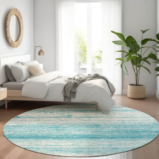 Piper Looms Mayfield Stripes AMF859 Teal Machine Washable Area Rug Round Lifestyle Image Feature