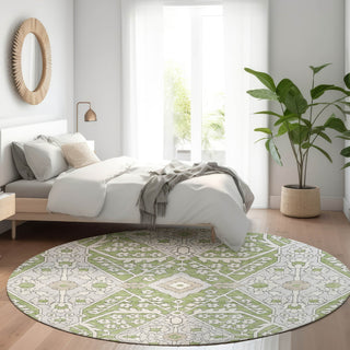 Piper Looms Mayfield Diamonds AMF863 Aloe Machine Washable Area Rug Round Lifestyle Image Feature
