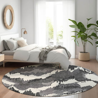 Piper Looms Mayfield Abstract AMF865 Black Machine Washable Area Rug Round Lifestyle Image Feature