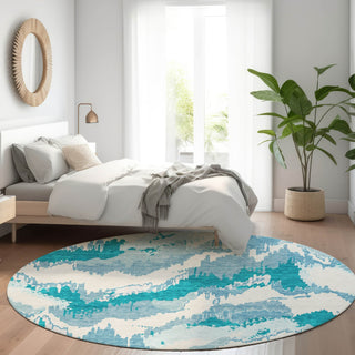 Piper Looms Mayfield Abstract AMF865 Teal Machine Washable Area Rug Round Lifestyle Image Feature