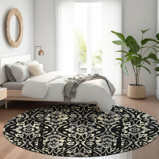 Piper Looms Mayfield Floral AMF868 Black Machine Washable Area Rug Round Lifestyle Image Feature