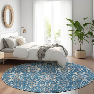 Piper Looms Mayfield Floral AMF868 Blue Machine Washable Area Rug Round Lifestyle Image Feature
