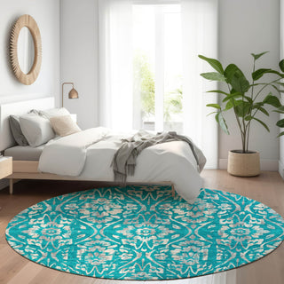 Piper Looms Mayfield Floral AMF868 Teal Machine Washable Area Rug Round Lifestyle Image Feature