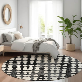 Piper Looms Mayfield Circles AMF869 Black Machine Washable Area Rug Round Lifestyle Image Feature
