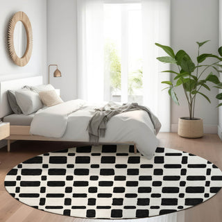 Piper Looms Mayfield Squares AMF871 Black Machine Washable Area Rug Round Lifestyle Image Feature