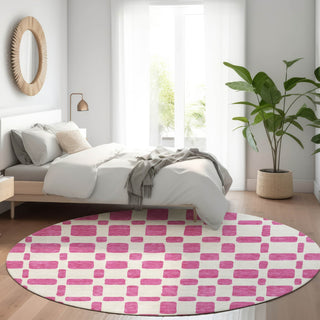 Piper Looms Mayfield Squares AMF871 Blush Machine Washable Area Rug Round Lifestyle Image Feature