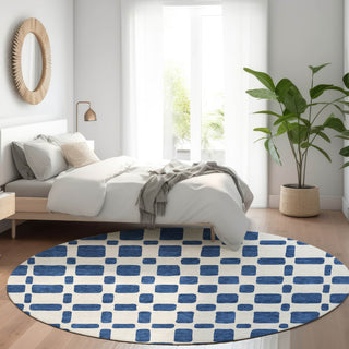 Piper Looms Mayfield Squares AMF871 Navy Machine Washable Area Rug Round Lifestyle Image Feature