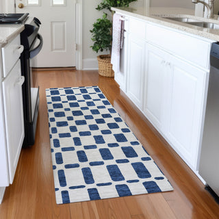 Piper Looms Mayfield Squares AMF871 Navy Machine Washable Area Rug Runner Lifestyle Image Feature