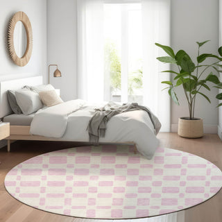 Piper Looms Mayfield Squares AMF871 Pink Machine Washable Area Rug Round Lifestyle Image Feature