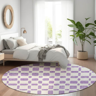 Piper Looms Mayfield Squares AMF871 Purple Machine Washable Area Rug Round Lifestyle Image Feature