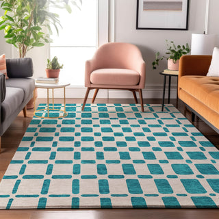 Piper Looms Mayfield Squares AMF871 Teal Machine Washable Area Rug Lifestyle Image Feature