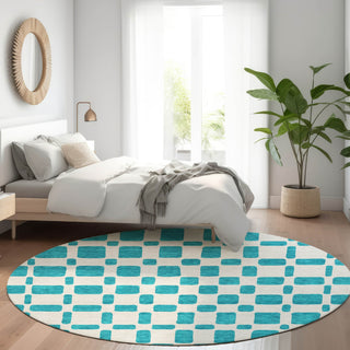 Piper Looms Mayfield Squares AMF871 Teal Machine Washable Area Rug Round Lifestyle Image Feature