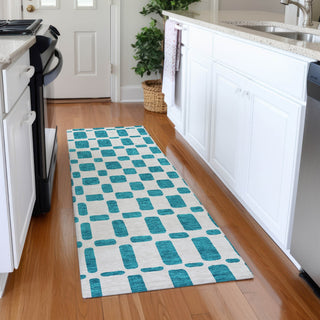 Piper Looms Mayfield Squares AMF871 Teal Machine Washable Area Rug Runner Lifestyle Image Feature
