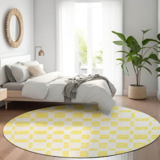 Piper Looms Mayfield Squares AMF871 Yellow Machine Washable Area Rug Round Lifestyle Image Feature