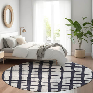 Piper Looms Mayfield Stripes AMF872 Black Machine Washable Area Rug Round Lifestyle Image Feature