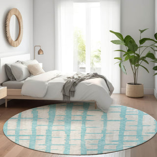 Piper Looms Mayfield Stripes AMF872 Teal Machine Washable Area Rug Round Lifestyle Image Feature