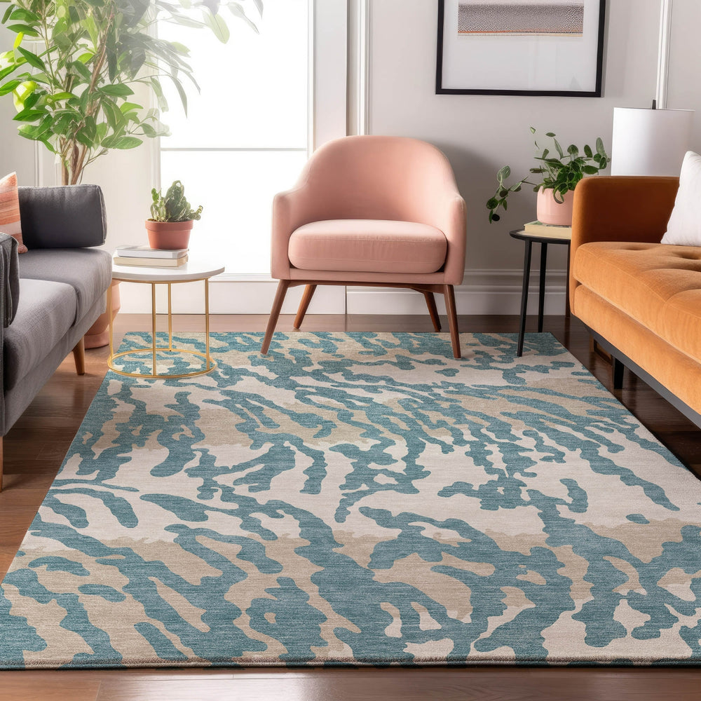 Piper Looms Mayfield Animal Print AMF873 Teal Machine Washable Area Rug Lifestyle Image Feature