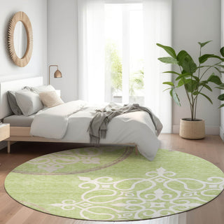Piper Looms Mayfield Scrolls AMF874 Aloe Machine Washable Area Rug Round Lifestyle Image Feature