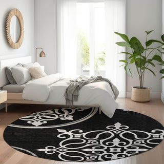 Piper Looms Mayfield Scrolls AMF874 Black Machine Washable Area Rug Round Lifestyle Image Feature