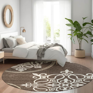 Piper Looms Mayfield Scrolls AMF874 Chocolate Machine Washable Area Rug Round Lifestyle Image Feature