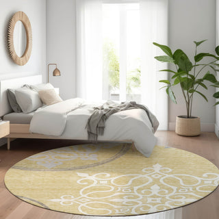 Piper Looms Mayfield Scrolls AMF874 Gold Machine Washable Area Rug Round Lifestyle Image Feature