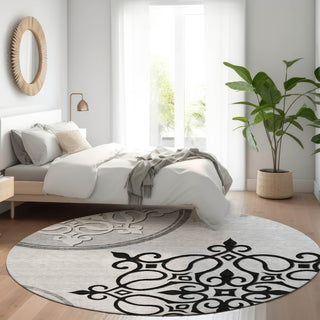 Piper Looms Mayfield Scrolls AMF874 Gray Machine Washable Area Rug Round Lifestyle Image Feature