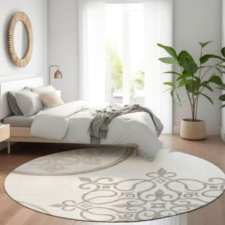 Piper Looms Mayfield Scrolls AMF874 Ivory Machine Washable Area Rug Round Lifestyle Image Feature