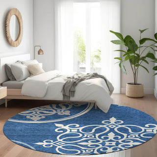 Piper Looms Mayfield Scrolls AMF874 Navy Machine Washable Area Rug Round Lifestyle Image Feature