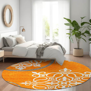 Piper Looms Mayfield Scrolls AMF874 Orange Machine Washable Area Rug Round Lifestyle Image Feature