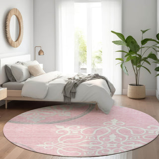 Piper Looms Mayfield Scrolls AMF874 Pink Machine Washable Area Rug Round Lifestyle Image Feature