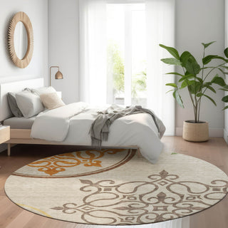 Piper Looms Mayfield Scrolls AMF874 Taupe Machine Washable Area Rug Round Lifestyle Image Feature