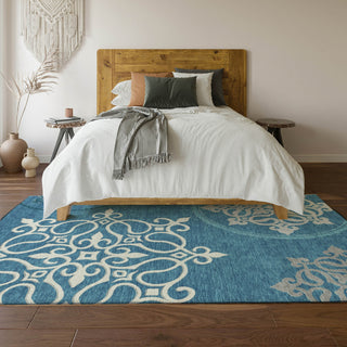 Piper Looms Mayfield Scrolls AMF874 Teal Machine Washable Area Rug Lifestyle Image Feature