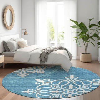 Piper Looms Mayfield Scrolls AMF874 Teal Machine Washable Area Rug Round Lifestyle Image Feature