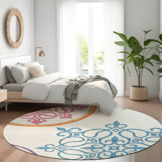 Piper Looms Mayfield Scrolls AMF874 White Machine Washable Area Rug Round Lifestyle Image Feature