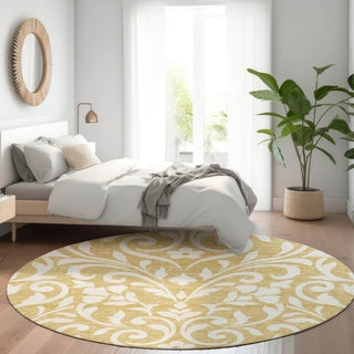Piper Looms Mayfield Floral AMF875 Gold Machine Washable Area Rug Round Lifestyle Image Feature