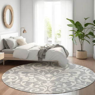 Piper Looms Mayfield Floral AMF875 Gray Machine Washable Area Rug Round Lifestyle Image Feature