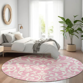 Piper Looms Mayfield Floral AMF875 Pink Machine Washable Area Rug Round Lifestyle Image Feature