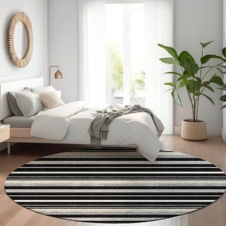 Piper Looms Mayfield Stripes AMF879 Black Machine Washable Area Rug Round Lifestyle Image Feature