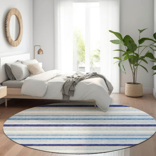 Piper Looms Mayfield Stripes AMF879 Blue Machine Washable Area Rug Round Lifestyle Image Feature