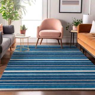 Piper Looms Mayfield Stripes AMF879 Denim Machine Washable Area Rug Lifestyle Image Feature