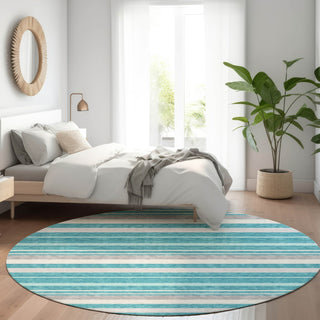 Piper Looms Mayfield Stripes AMF879 Teal Machine Washable Area Rug Round Lifestyle Image Feature