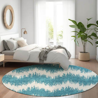 Piper Looms Mayfield Chevron AMF880 Teal Machine Washable Area Rug Round Lifestyle Image Feature