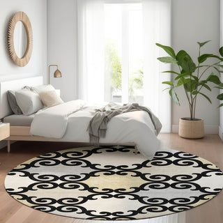 Piper Looms Mayfield Scrolls AMF883 Black Machine Washable Area Rug Round Lifestyle Image Feature
