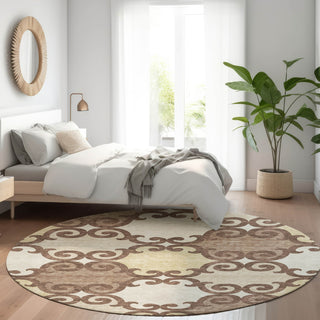 Piper Looms Mayfield Scrolls AMF883 Brown Machine Washable Area Rug Round Lifestyle Image Feature