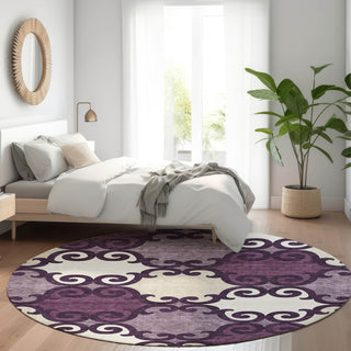 Piper Looms Mayfield Scrolls AMF883 Eggplant Machine Washable Area Rug Round Lifestyle Image Feature
