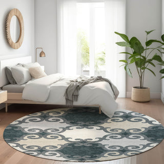 Piper Looms Mayfield Scrolls AMF883 Gray Machine Washable Area Rug Round Lifestyle Image Feature